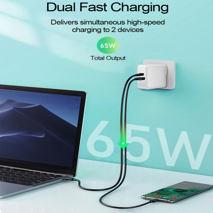 PD-65W USB-C / Type-C + QC3. 0 USB Laptop Charging Adapter + 1.8m USB-C / Type-C to MagSafe 2 / T Head Data Cable, UK Plug / US Plug(Black)