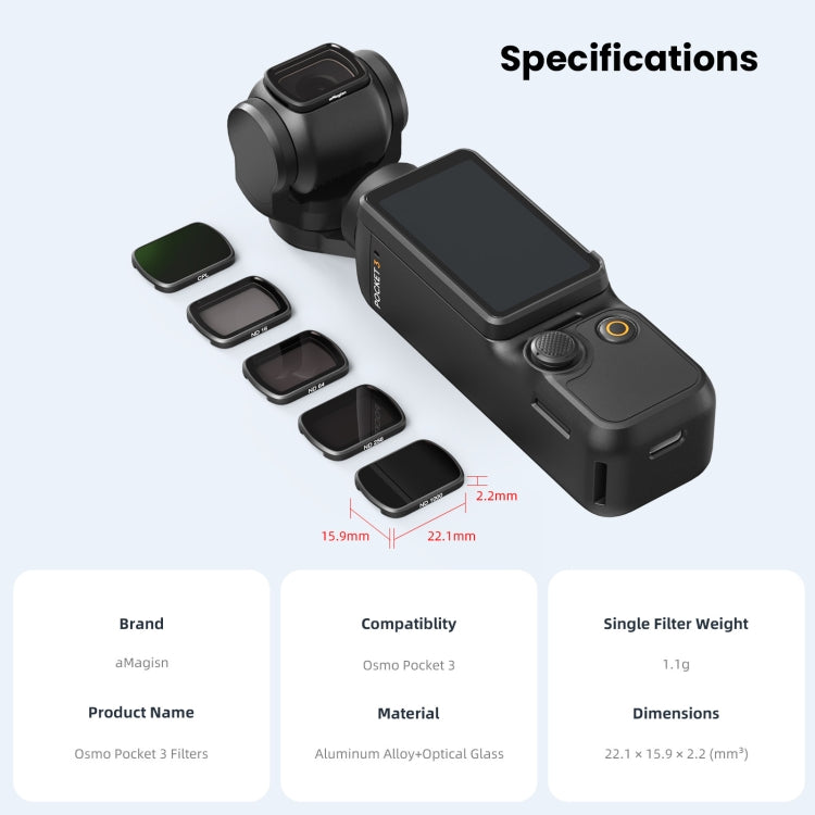 For DJI Osmo Pocket 3 aMagisn HD Double Sided Coated Filters Sports Camera Protective Goggles, CPL, ND16+ND64+ND256 + CPL, ND16+ND64+ND256+ND1000