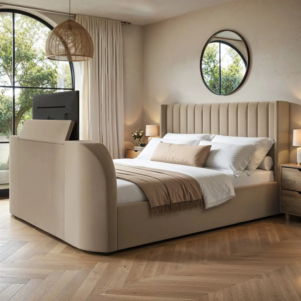 Flair Fallon TV Side Lift Ottoman Bed Beige Velvet Double
